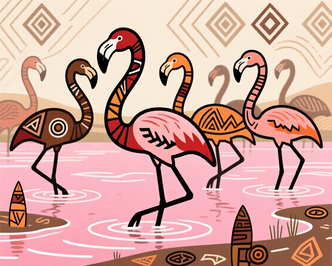 A flock of flamingos wading through a shallow pink lake.