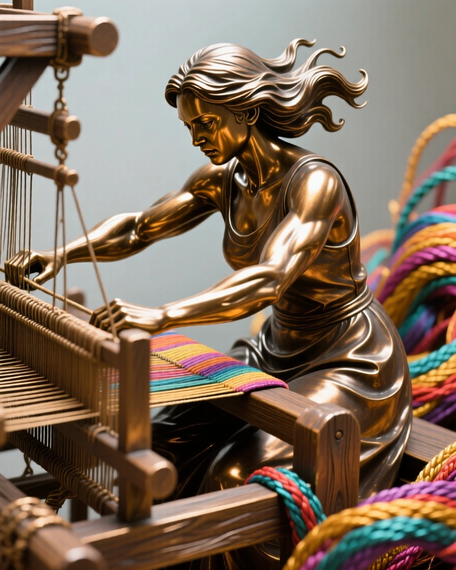 A weaver at her loom surrounded by colorful threads, captured at the peak of a powerful movement, forming a strong central focal point