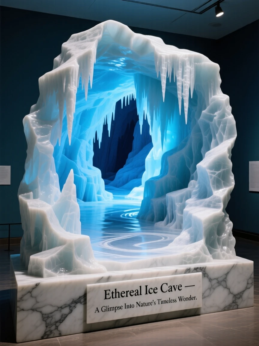 A breathtaking view of an ice cave glowing blue from within, rich with color and atmosphere, evoking peace and wonder