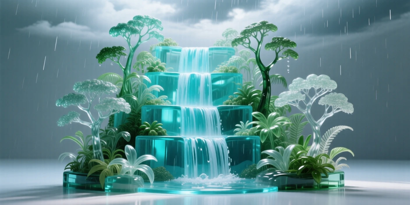 A turquoise waterfall cascading through a rainforest under a dramatic sky with shifting clouds, wide panoramic composition, feeling expansive and awe-inspiring.