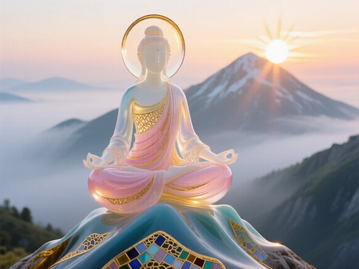 A woman meditating cross-legged atop a misty mountain peak at sunrise, peaceful and centered.