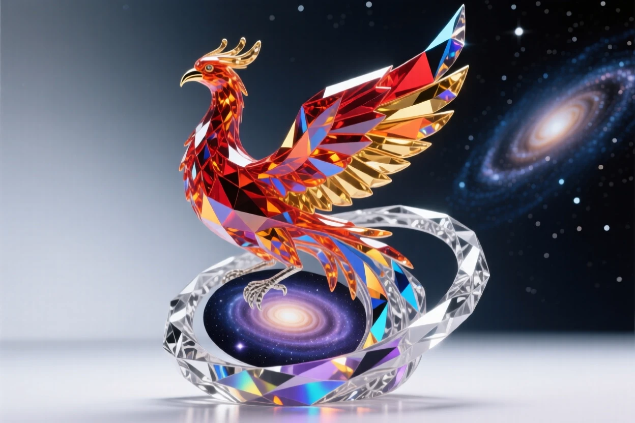 A celestial phoenix circling a spiral galaxy rendered as a dreamlike night sky.