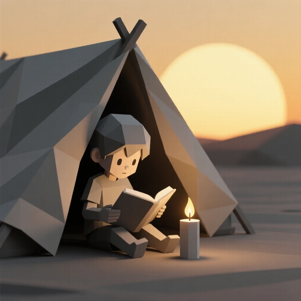 A child reading by candlelight under a blanket fort, beneath a soft golden sunset. the composition captures genuine, candid emotion. It captures a feeling of quiet triumph.