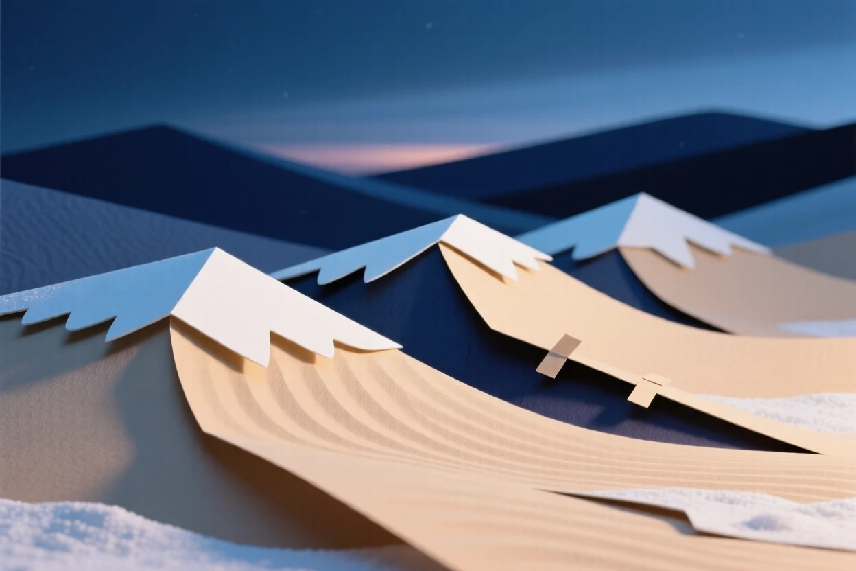 A rippling sand dune ridge in the deep blue hour after dusk, with fresh snow blanketing every surface, evoking serene, meditative contemplation.