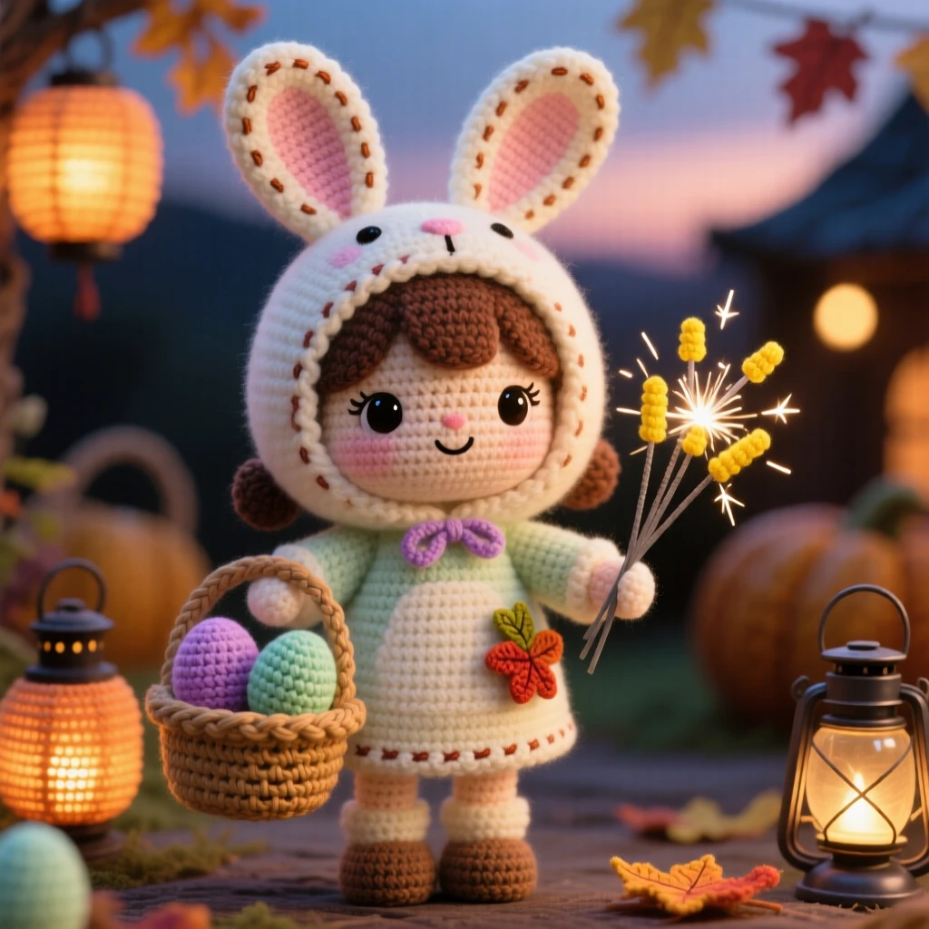 a little girl in a bunny costume, with floppy felt ears, holding a basket of pastel eggs, set in a lantern-lit harvest festival at dusk, with a bundle of sparklers ready to light, full of playful delight in seasonal change.