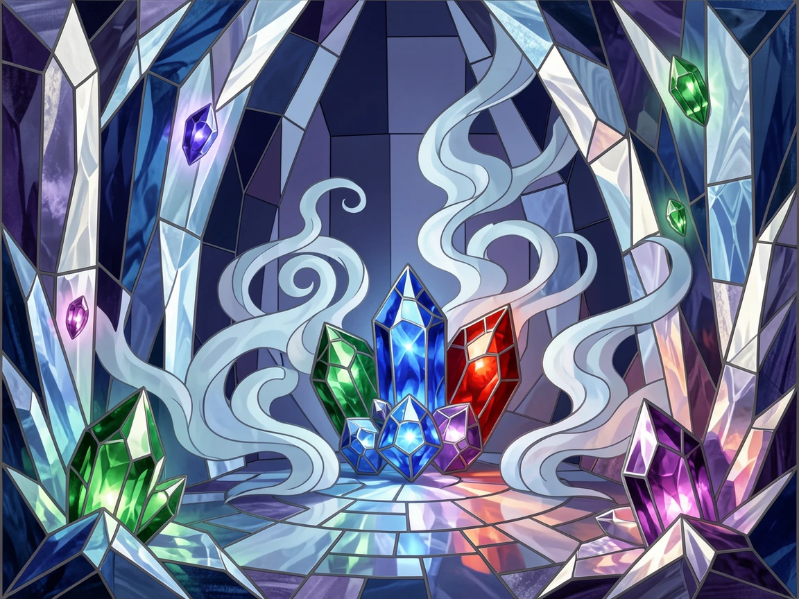 An epic fantasy scene of a crystal cave illuminated by softly glowing magical gems, with swirling mist and glowing highlights.