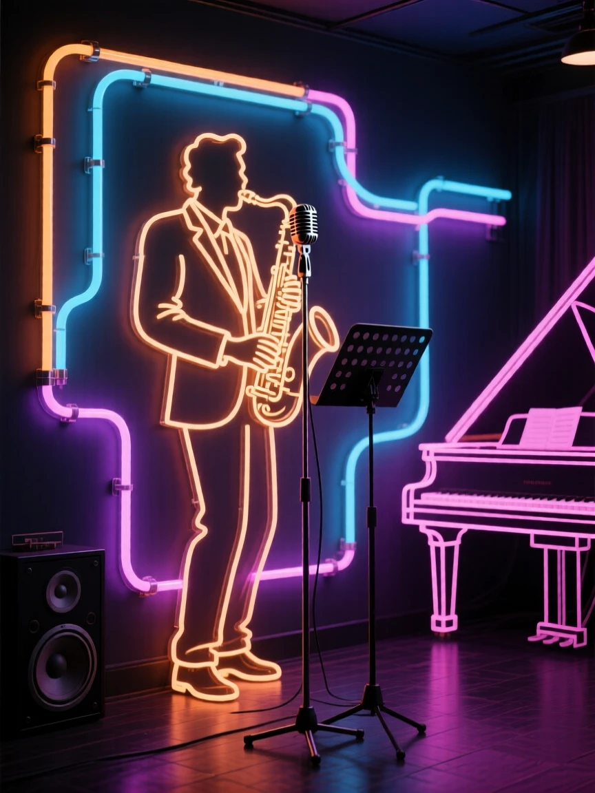 A wide shot of a jazz singer standing in the environment where they work.