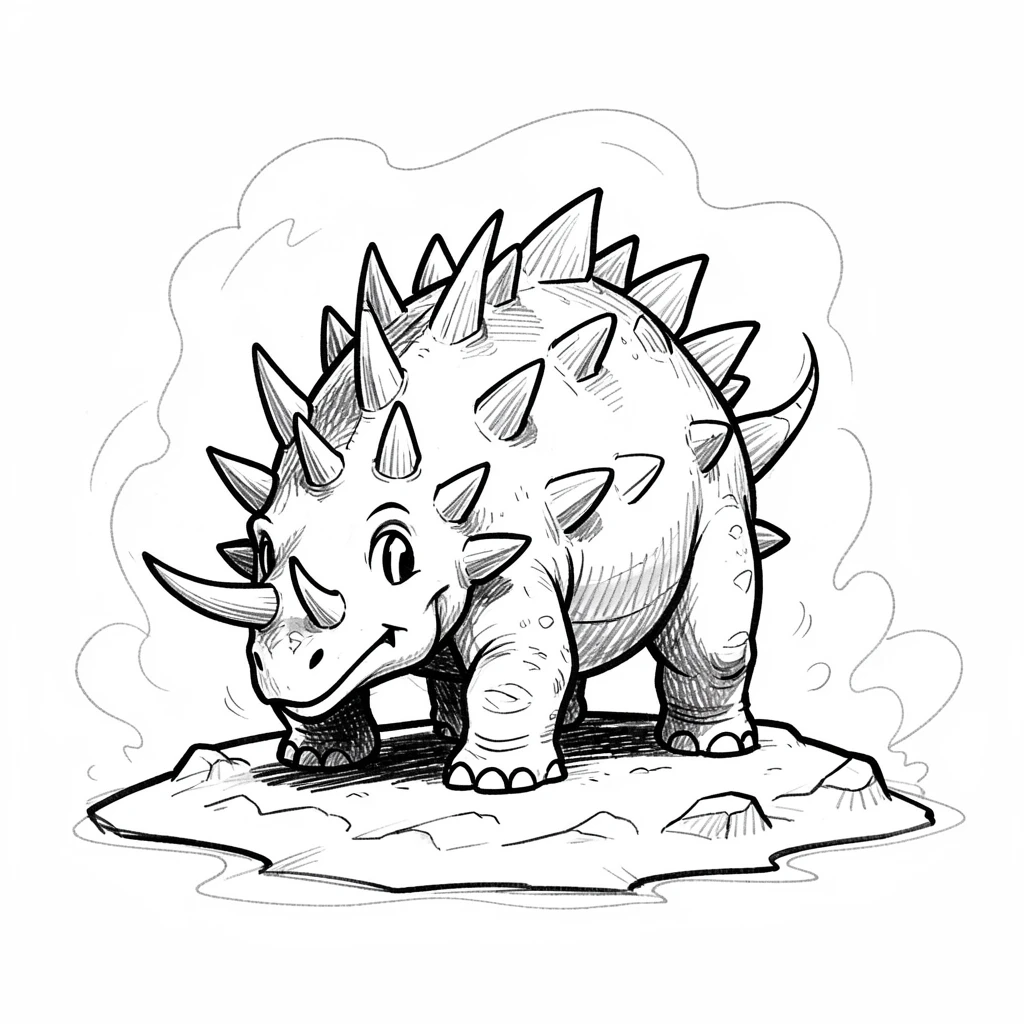 A spiky ankylosaurus rolling into a ball on an island surrounded by mist.