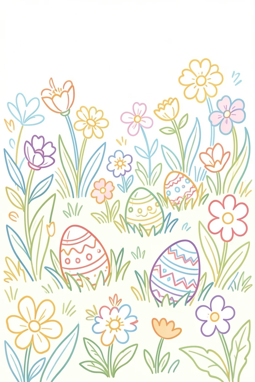 Easter eggs hidden among spring flowers in a sunlit garden.