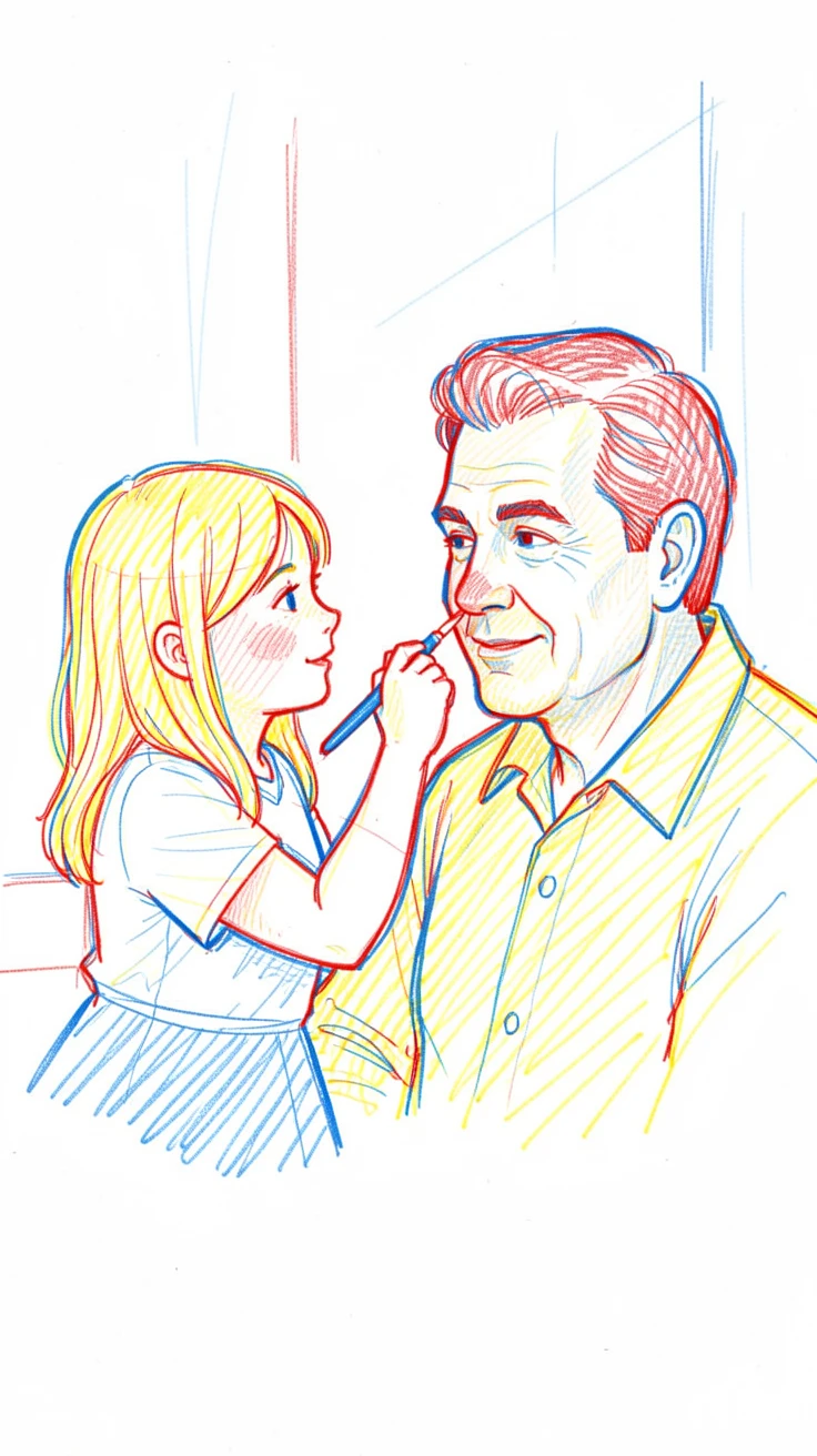 A young girl painting her father's face with bright watercolors