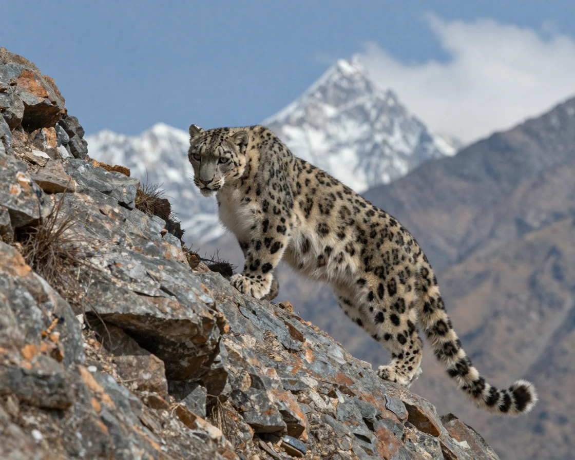 A snow leopard picks its way across a rocky ridge in the high Himalayas.