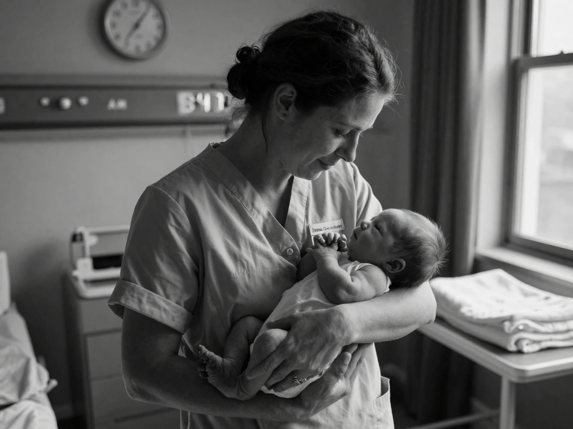 A midwife cradles a newborn moments after birth in a quiet delivery room.