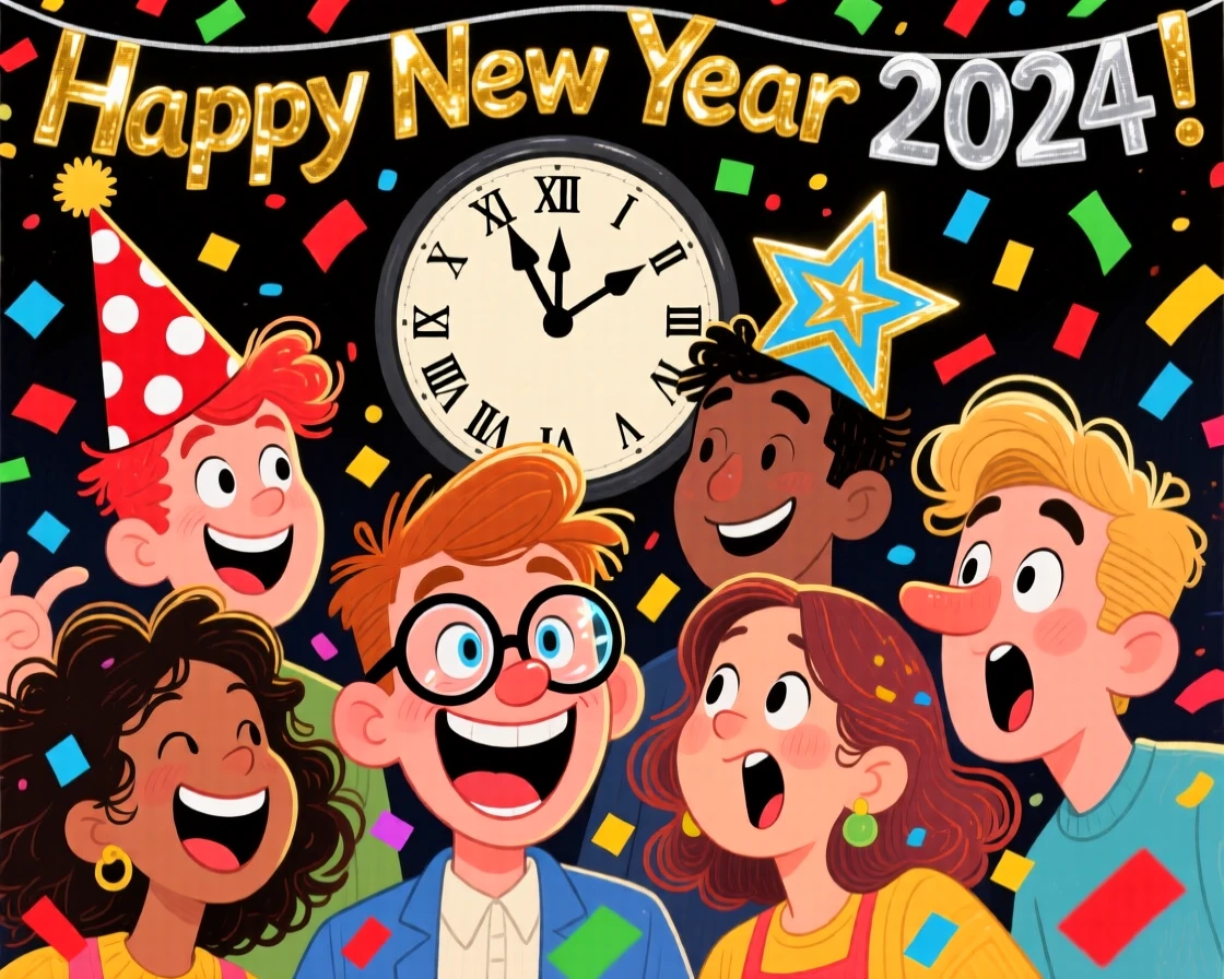 A group of friends celebrating New Year's Eve, confetti raining down at midnight.