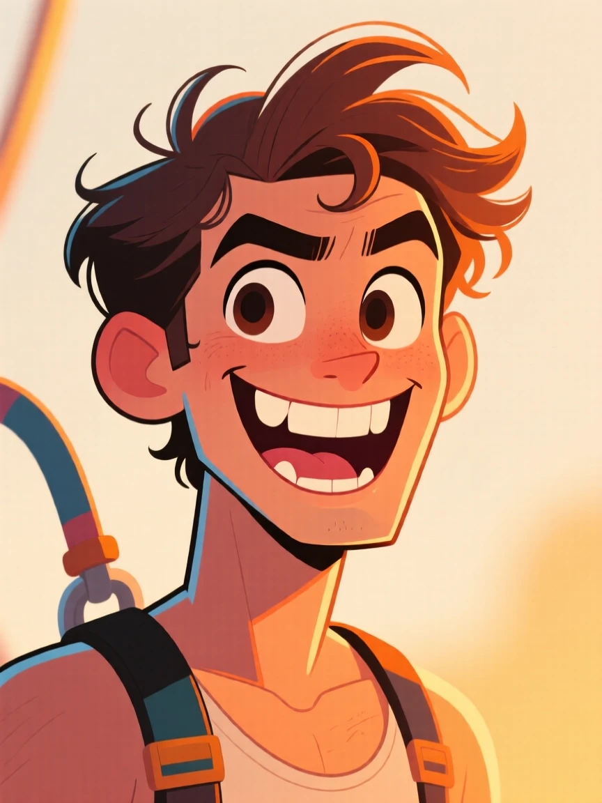 A charming portrait of a daring stuntman, flashing a gap-toothed grin, surrounded by soft warm lighting.