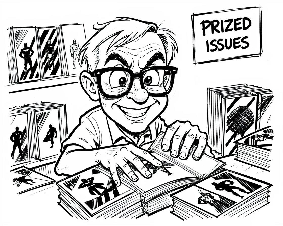 [Occupations & Hobbies] Detailed scene of a devoted comic book collector organizing prized issues in sleeves, showcasing skill and dedication
