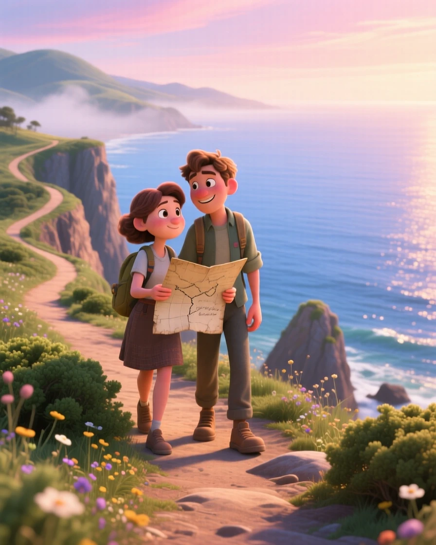A couple holding hands stands along a winding cliffside path above the ocean, tracing a path on an old paper map. The scene feels vast, calm, and full of possibility, with a light mist clinging to the distant hills.