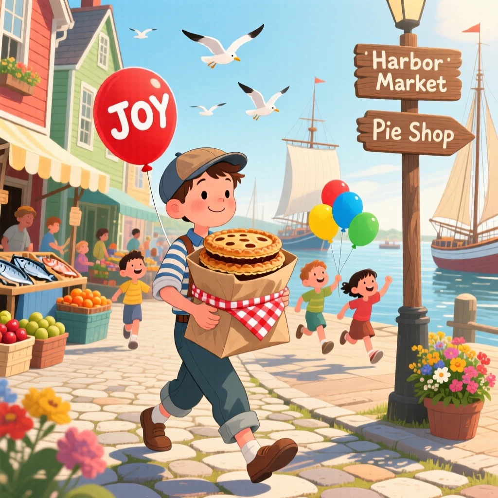 A paperboy on his morning route spends the morning carrying a stack of freshly baked pies in a bustling harbor town, while children skip past with balloons.