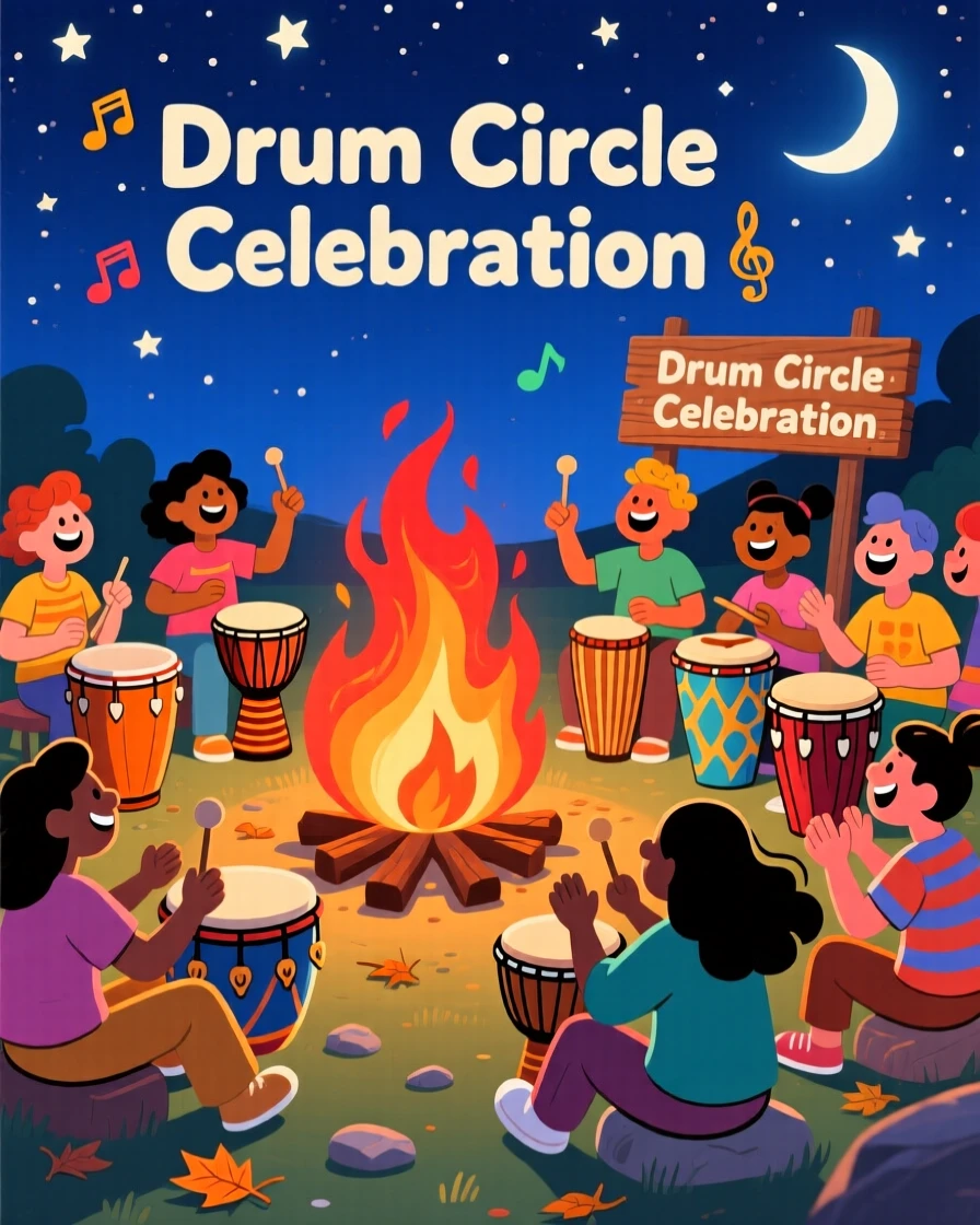 A drum circle celebration around a bonfire under the stars.