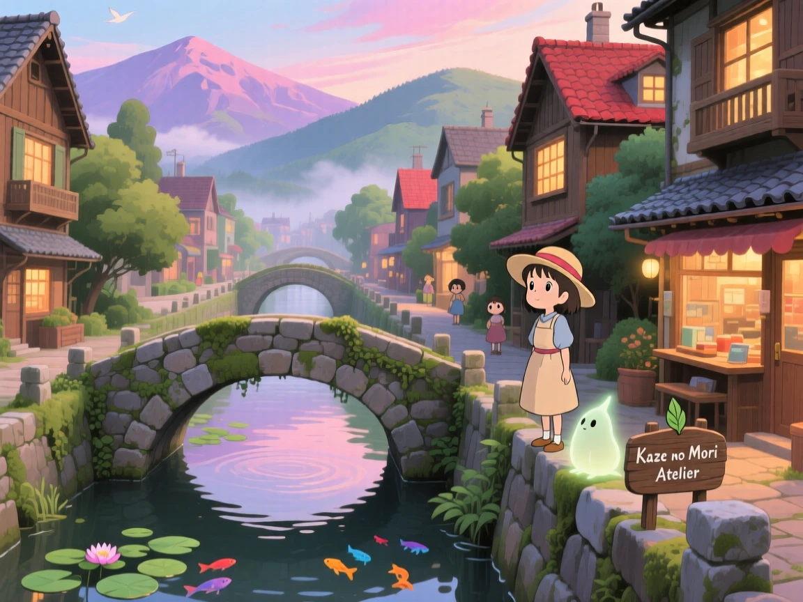 A scenic view of a canal city crossed by countless small stone bridges, with distant mountains framing the skyline.