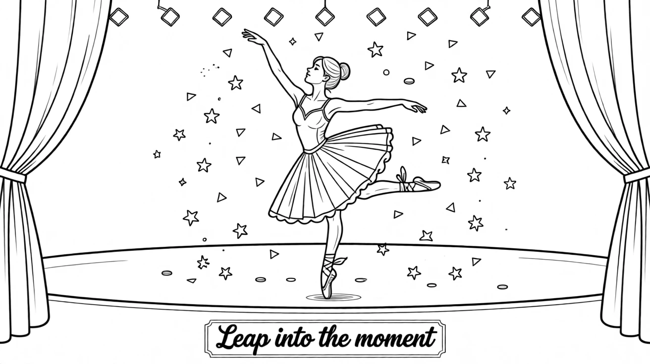 A ballet dancer mid-leap on an empty stage, with confetti falling through the air.