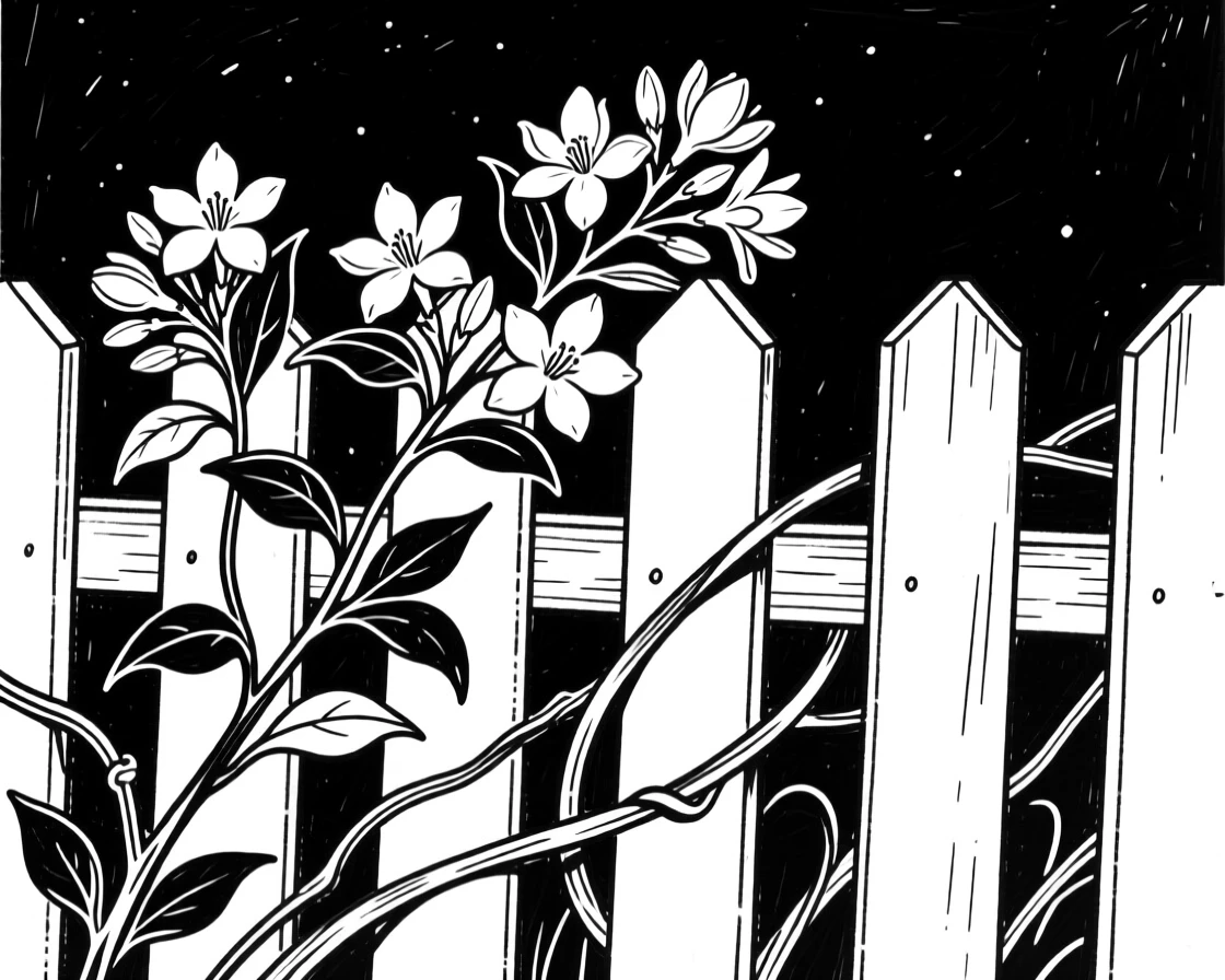 A cluster of blooming jasmine climbing a garden fence at night.
