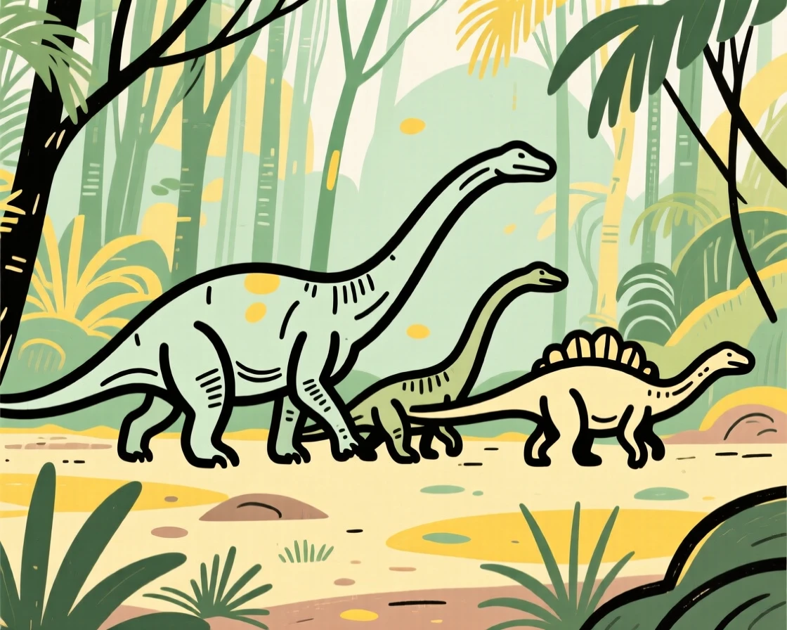 A group of Iguanodon walking together through a lush Cretaceous forest.
