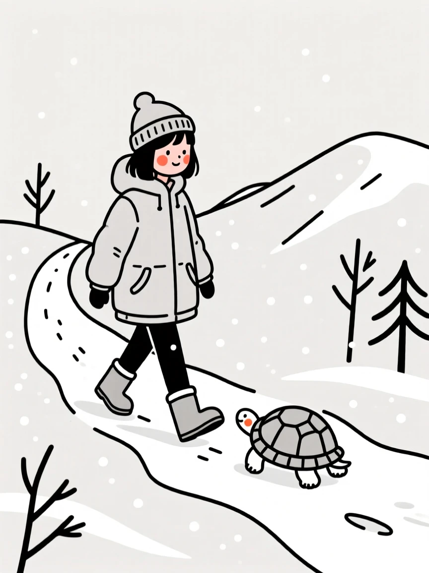 A teenage girl with a pet tortoise, on a snowy mountain trail.