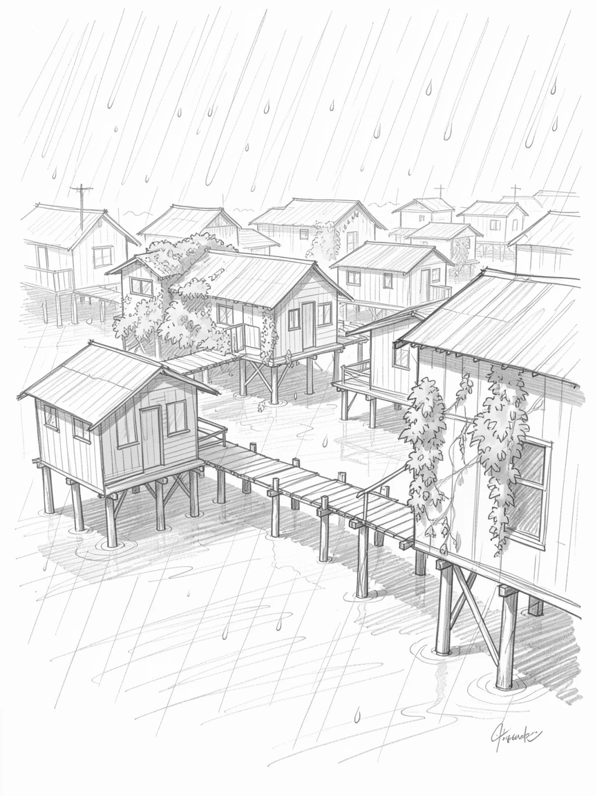 Sweeping architectural view of a floating village on stilts, during a quiet rain shower, with lush ivy climbing the walls.