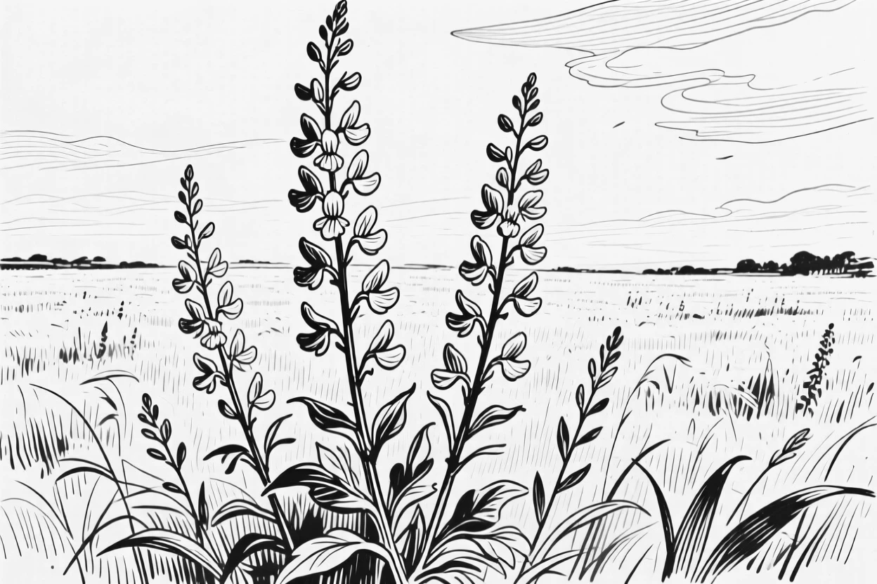 A field of larkspur swaying gently beneath a summer sky.