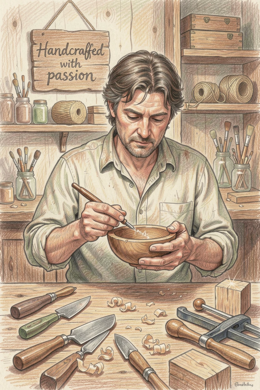 A woodworker carefully carving a wooden bowl in a rustic workshop, surrounded by tools and materials that tell their own story, celebrating the quiet joy of craftsmanship and passion.