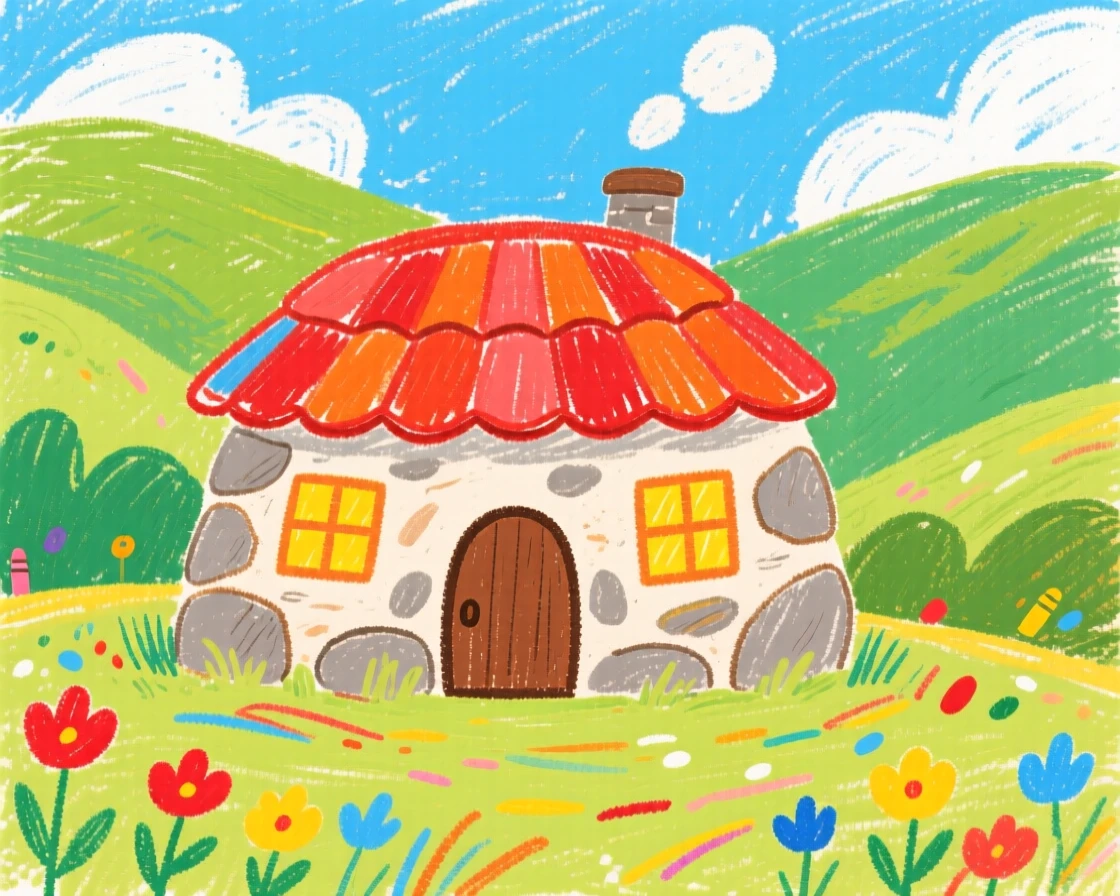 A stone cottage nestled among rolling green hills.
