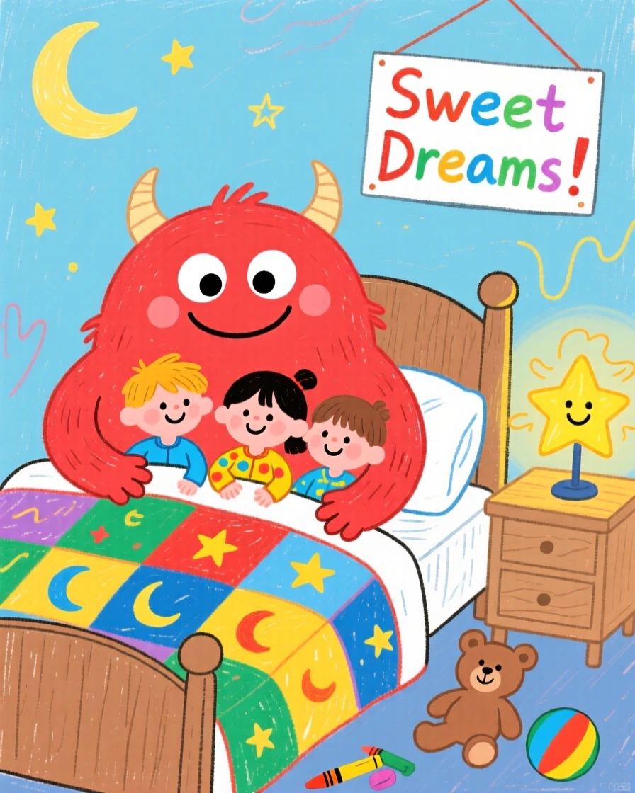 A gentle monster tucking children into bed with a nightlight glowing.
