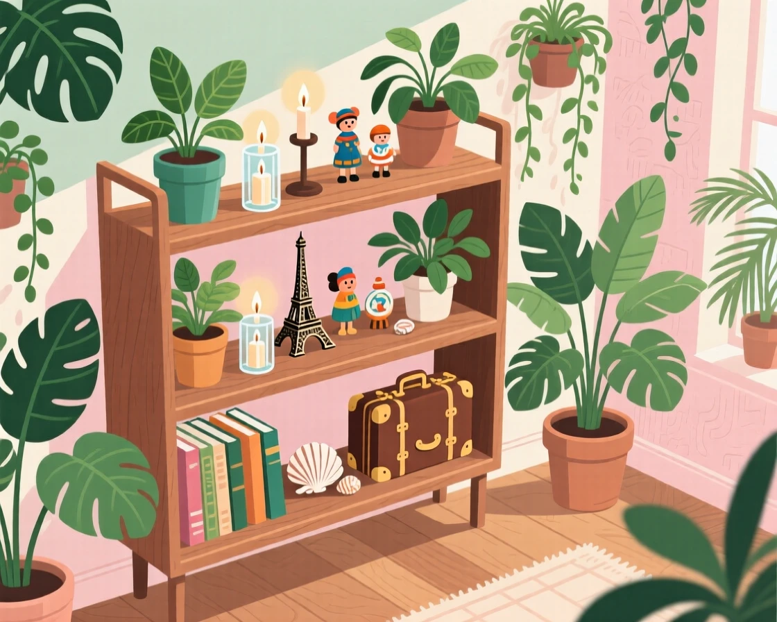 A bookshelf styled with plants, candles, and travel souvenirs, set within a plant-filled room bursting with greenery, shown from a slightly elevated angle for a cozy overview, with gentle pastel tones evoking calm and comfort.
