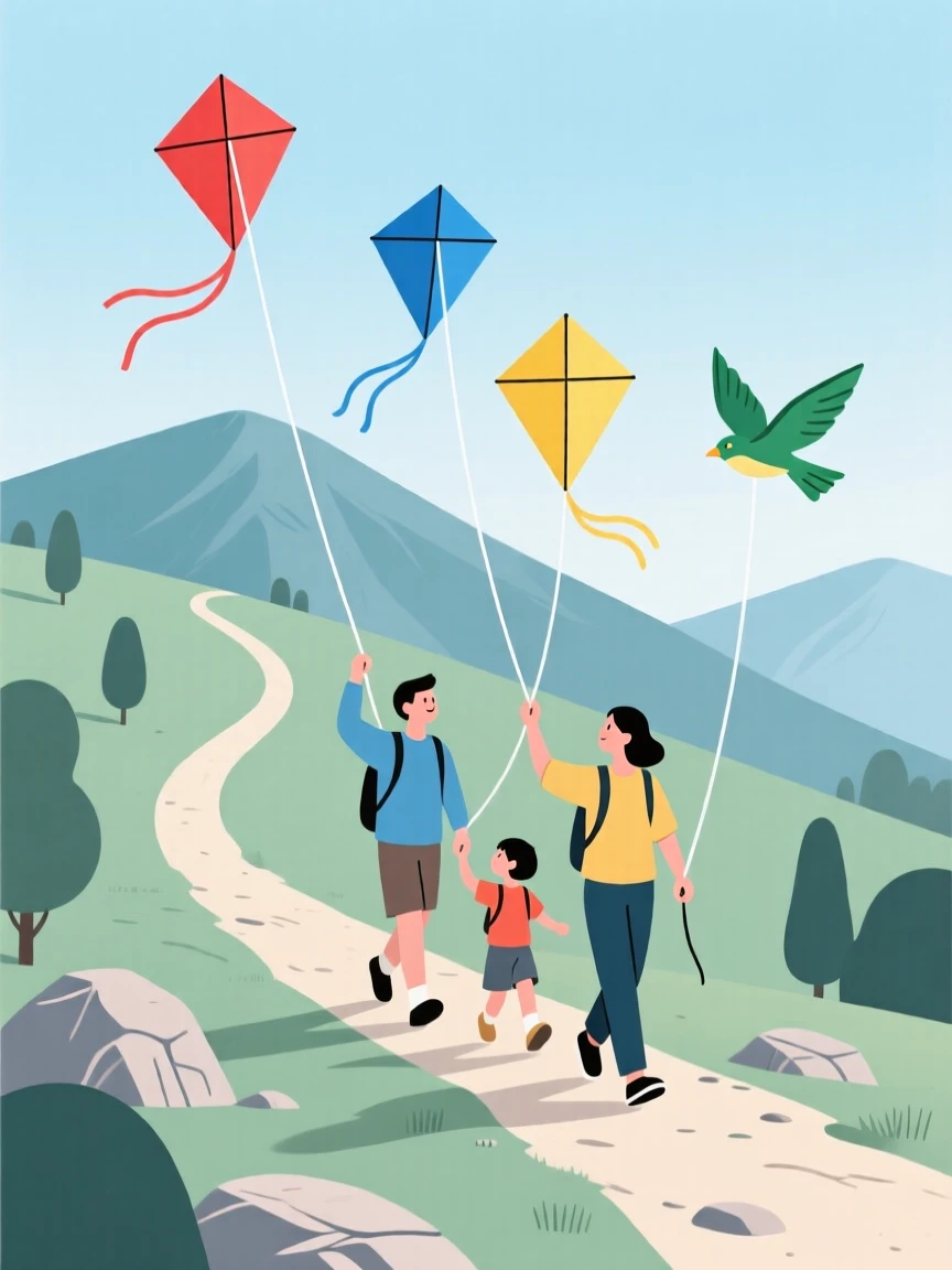 A family flying kites together on a mountain trail.