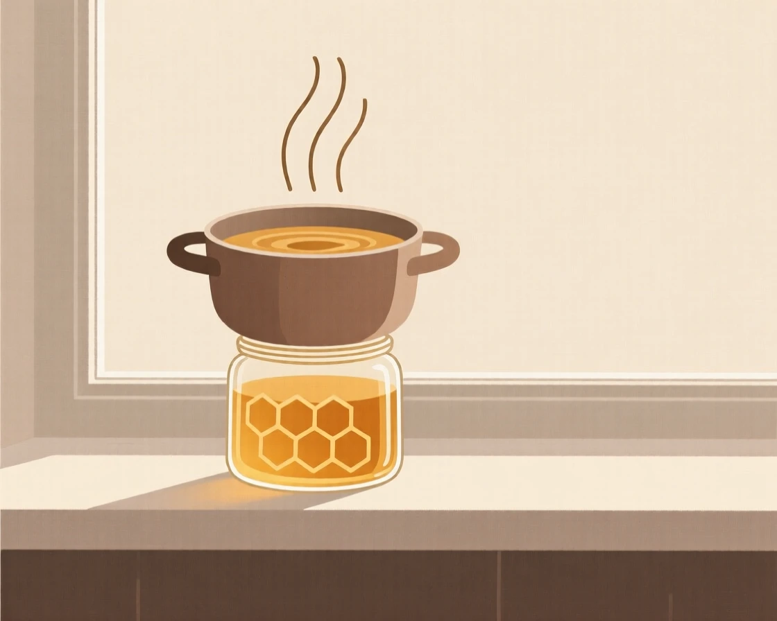 A freshly prepared pot of simmering soup served on a glass jar of honey, set in a café windowsill, inviting homemade delight.