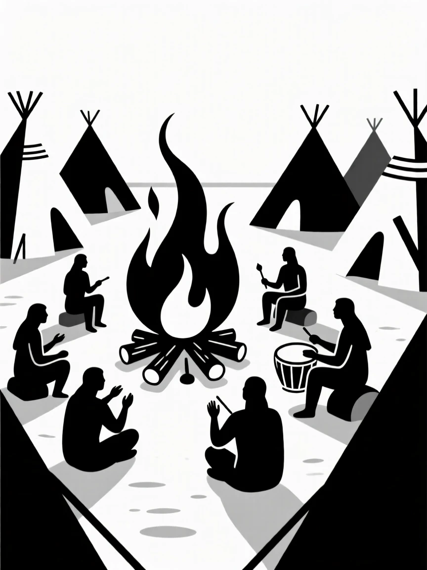 A Native American village gathered around a central fire.