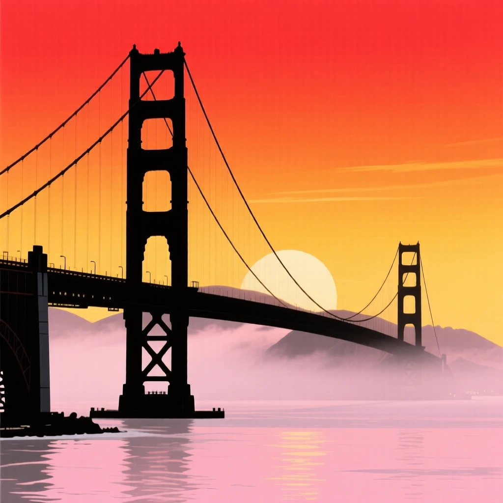 The Golden Gate Bridge stretching across the bay, its towers partially wrapped in fog.