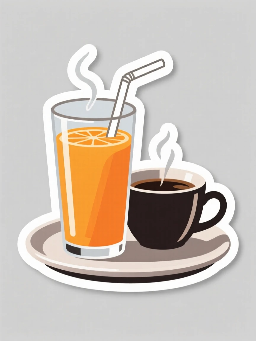 A perfectly plated glass of fresh orange juice with a straw, with steam gently rising, on a tray beside a cup of coffee.