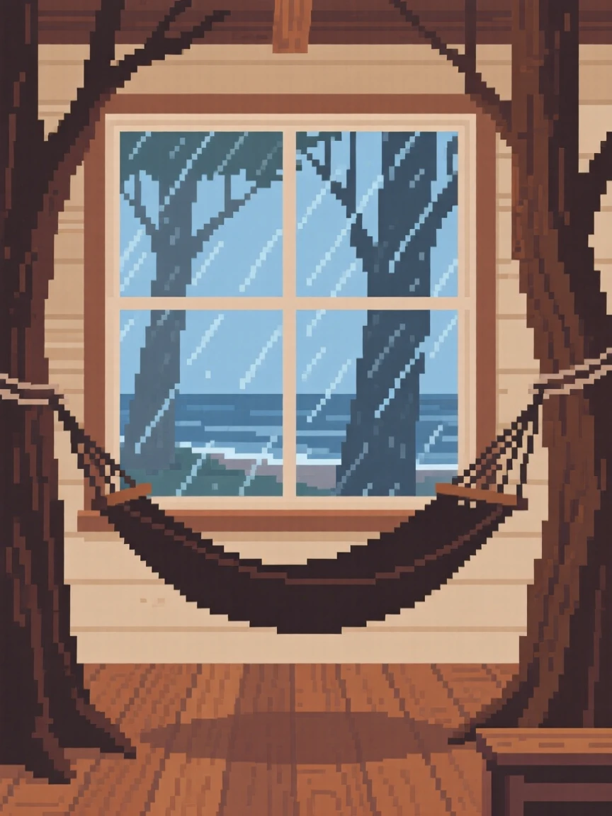 A hammock between two trees with rain gently streaking the window beside it, inside a seaside cottage during a storm.