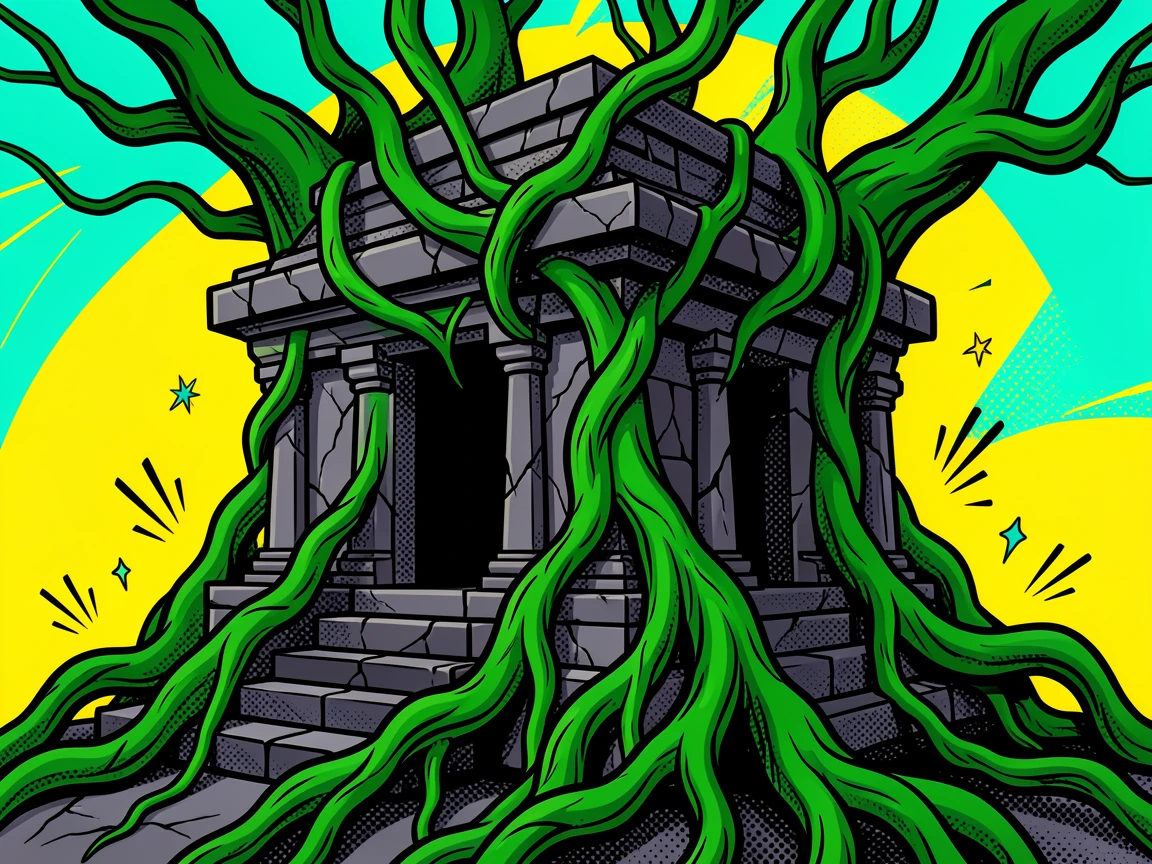 An ancient stone temple wrapped in tree roots