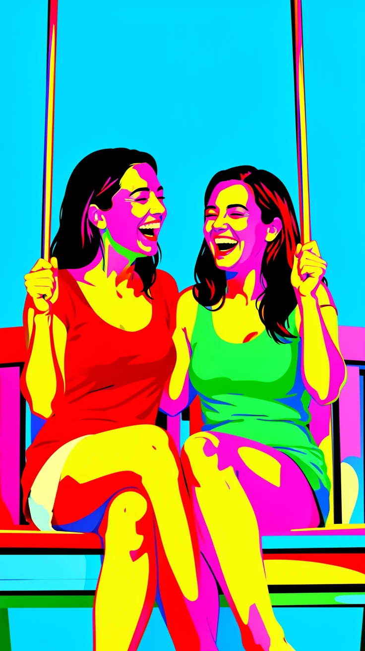 Sisters laughing together on a porch swing