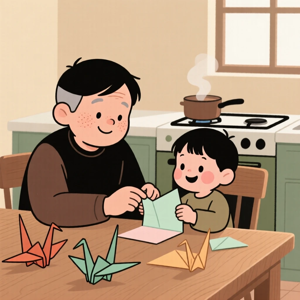 A older brother teaches a curious toddler how to fold paper cranes at the kitchen table while a pot simmers softly on the stove, both focused and smiling.