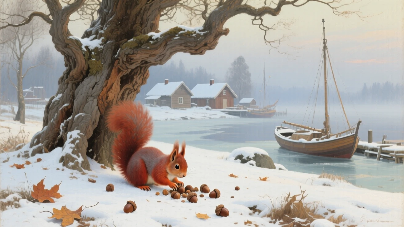 A well-framed scene of a red squirrel gathering acorns beneath an ancient oak tree, in a Nordic fishing village, in deep winter, in a light morning mist.