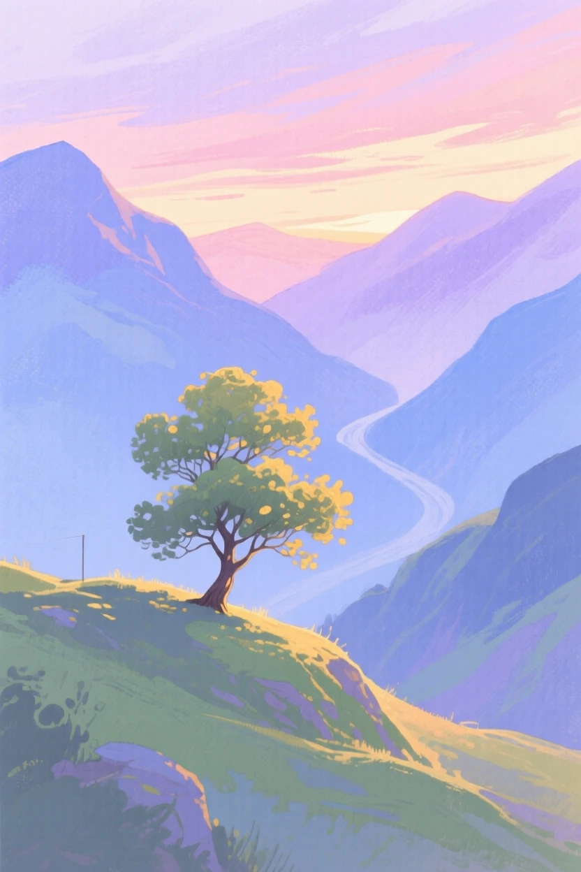 A breathtaking view of a mountain pass in the soft glow of dusk, where a lone tree stands on a ridge
