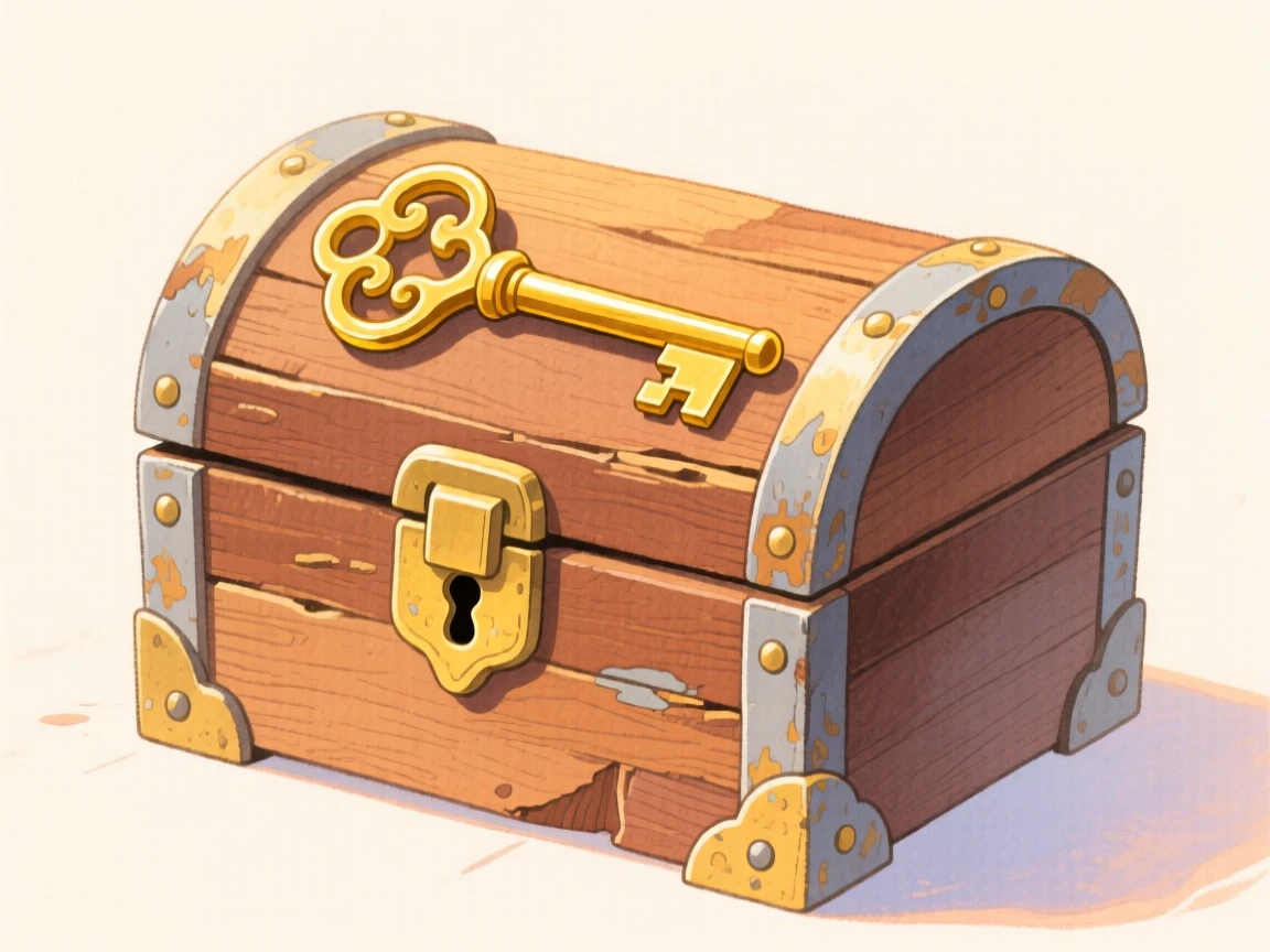 A thrilling glimpse of a hidden key resting atop an old weathered chest.