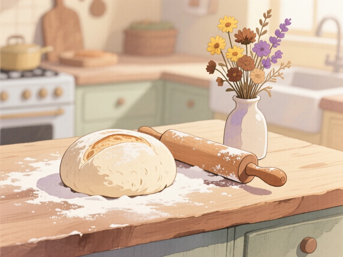 A kitchen counter dusted with flour as bread dough rises beside a rolling pin, with dried flowers tucked into a small vase, capturing the simple joy of a slow morning.