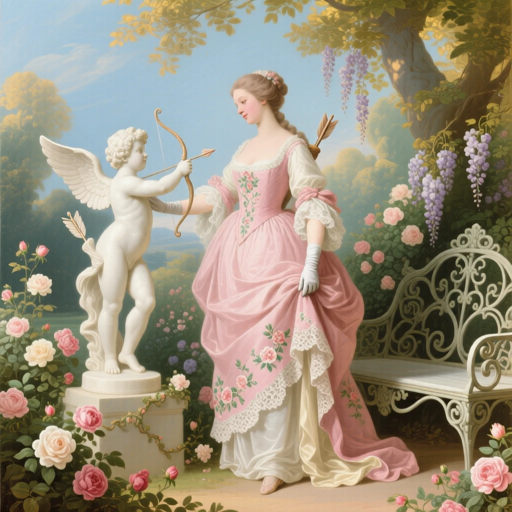 A lady resting her hand on a marble statue of Cupid  