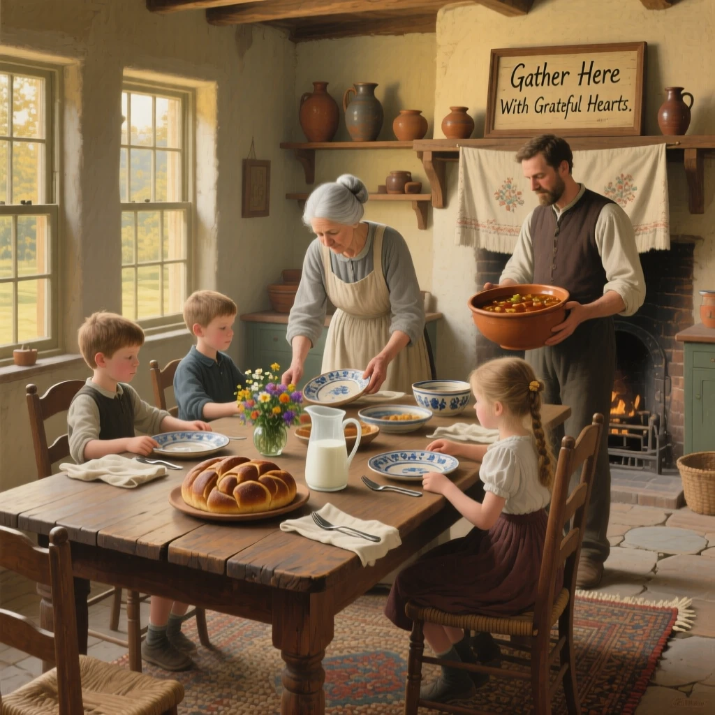 A family setting the table together for a festive holiday meal, with warm afternoon light streaming through nearby windows, evoking warmth, nostalgia, and heartfelt connection