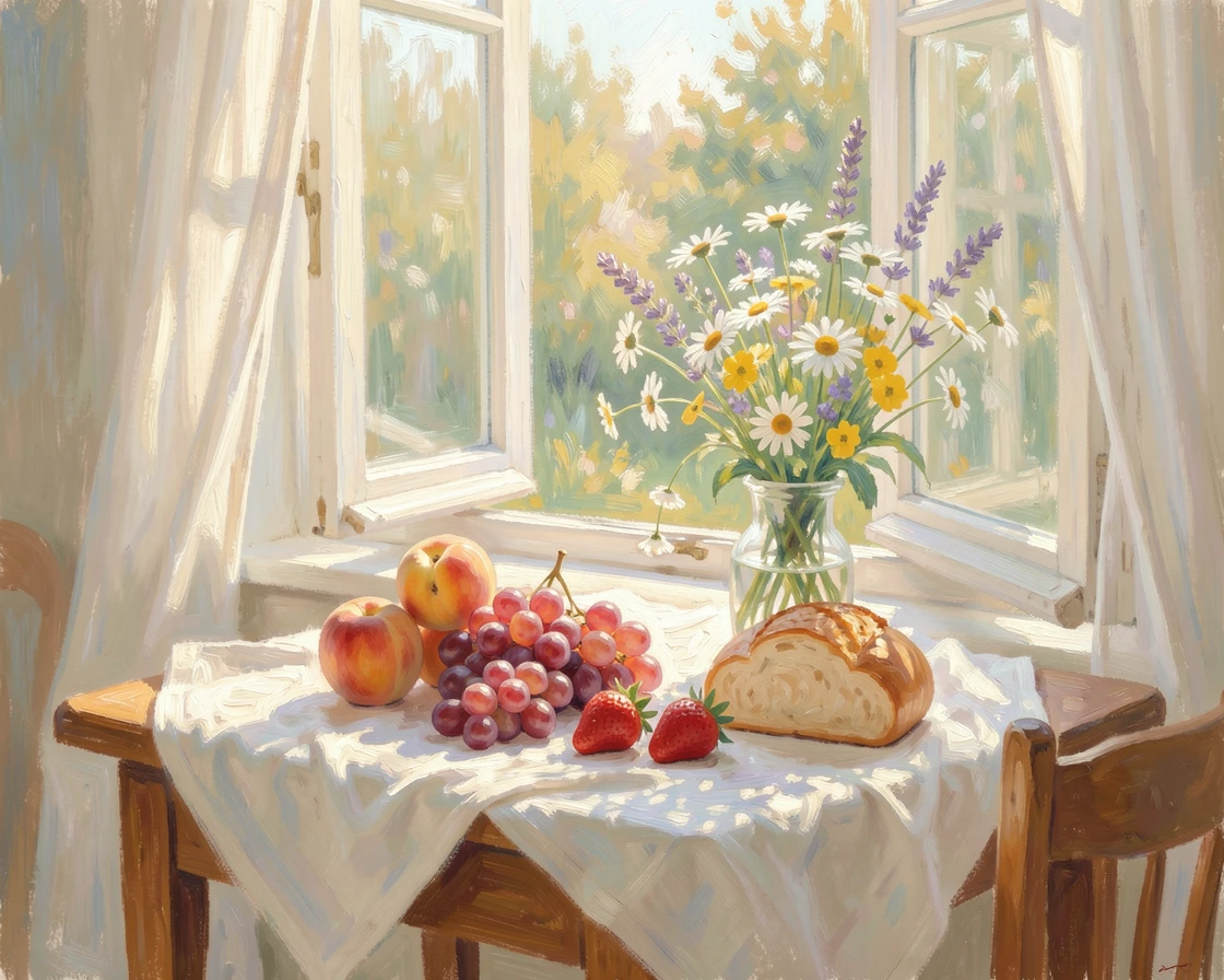 A sunlit breakfast table set with fresh fruit, warm bread, and a vase of wildflowers by an open window.