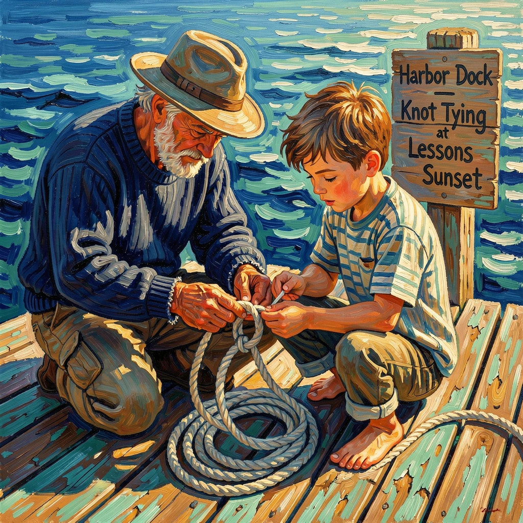 An old fisherman teaching a young boy to tie a proper knot on a weathered dock.